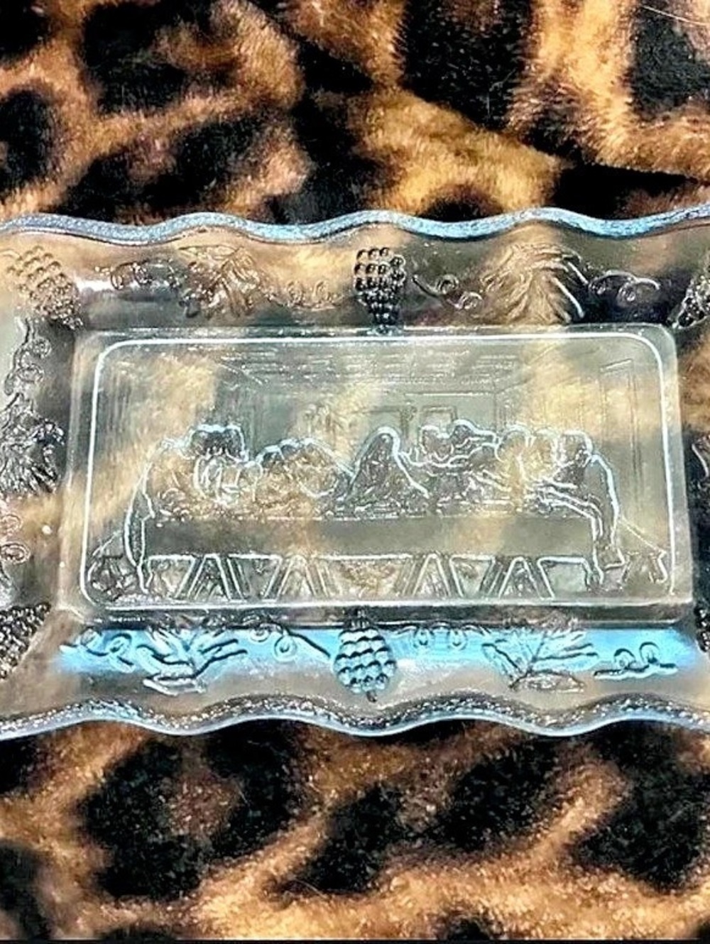 Vintage Indiana Glass Company The Last Supper Small Blue Glass Trinket Tray Dish